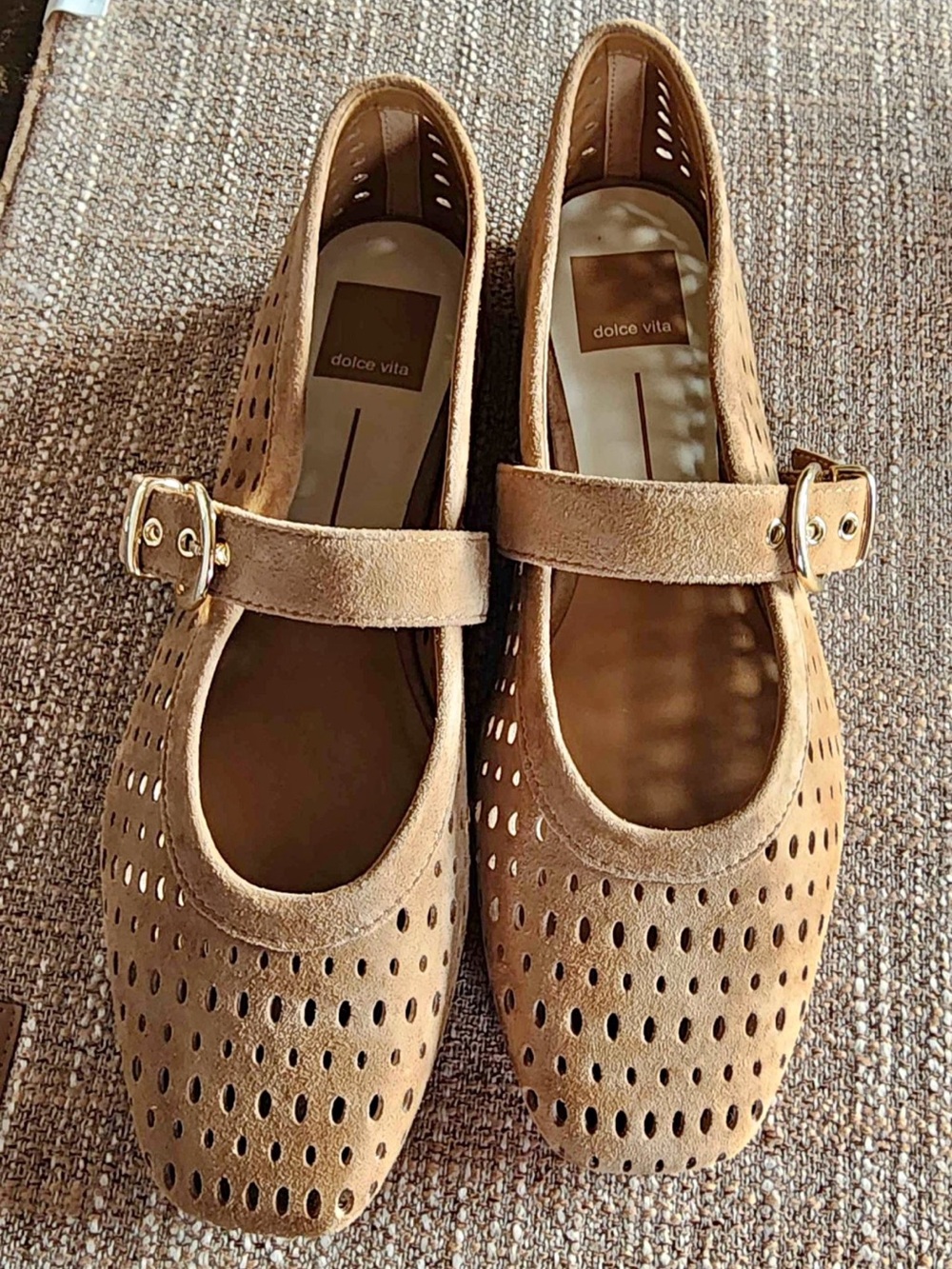 Dolce Vita Mikel Flats- Lt Brown Perforated Suede Mary Jane Flats with Buckle